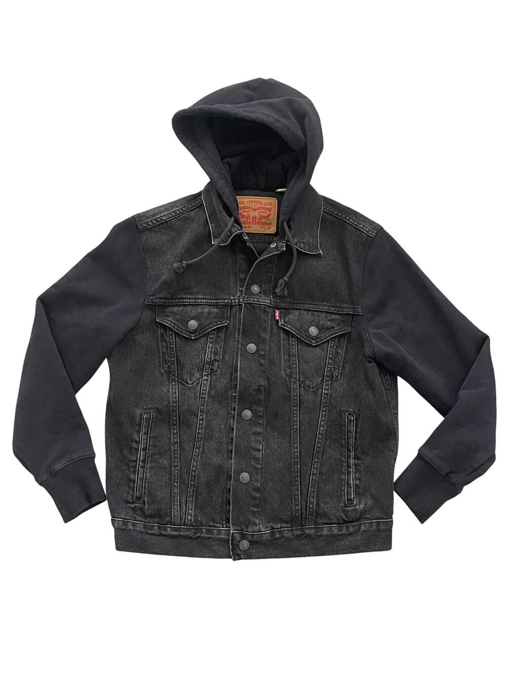 Levi's Jacket Mens Small Black Denim Vintage Fit Hooded Bomber Button Front
